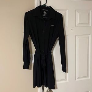 Black long sleeve button front belted dress. Size L
